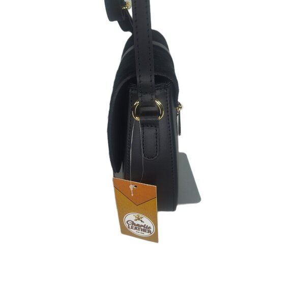 Charlie Leather Black "Mack" Small Half Moon Crossbody-Black Leather & Fur–NWT - Picture 3 of 11